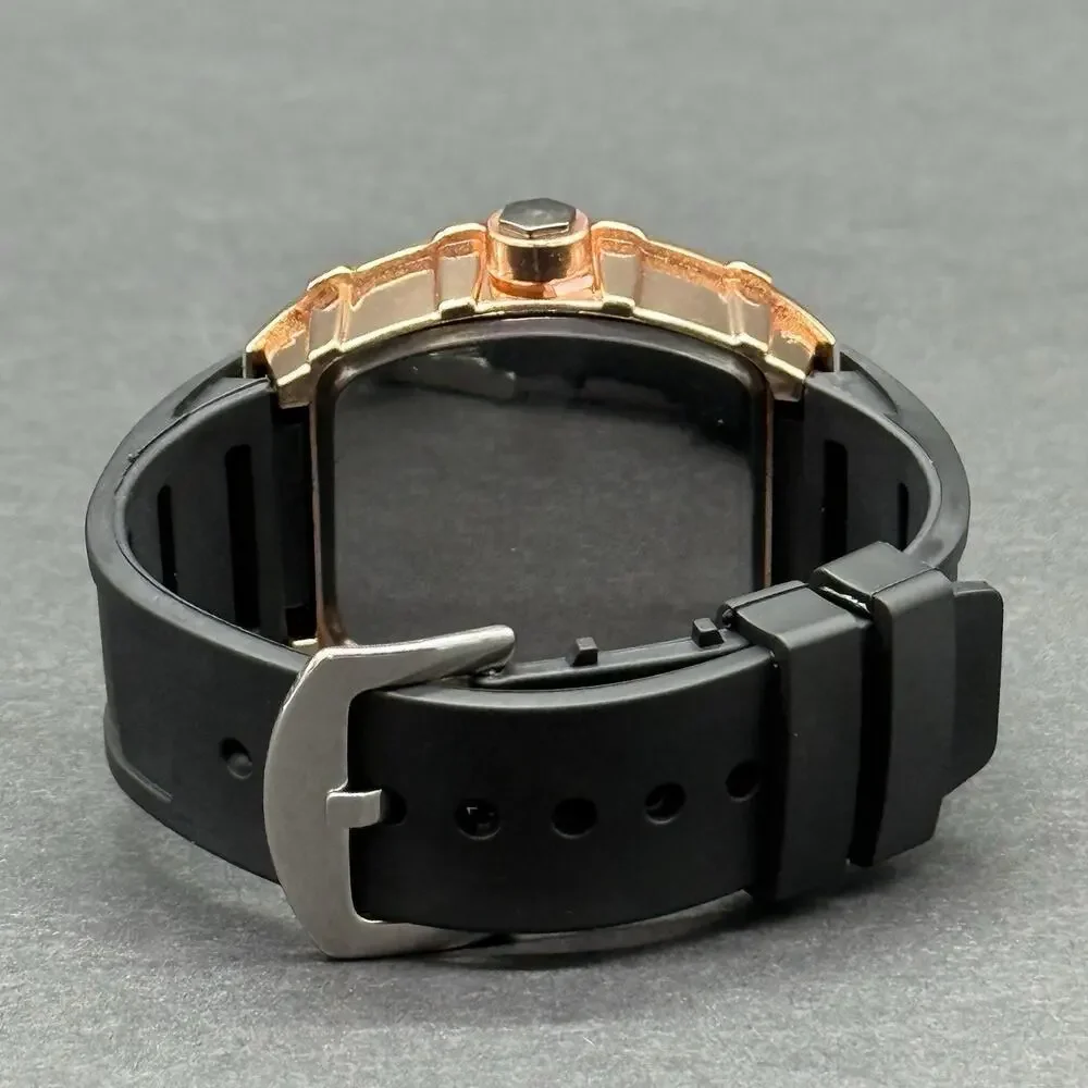 Rose Gold Tone Tonneau Men's Watch Heavy Face Black Silicone Rubber Sport Band